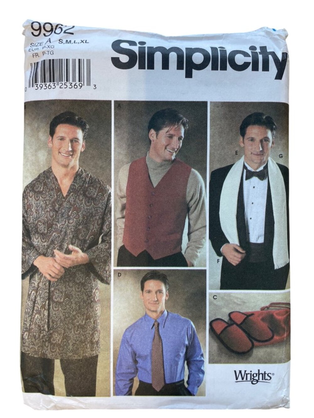 Simplicity 9962 Sewing Pattern Small-XL Robe Tie Cummerbund Scarf Slippers UNCUT